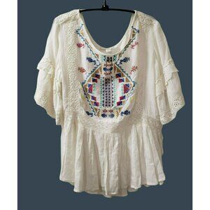 Boston Proper Cross-stitched White Peasant Blouse, S Rayon Boho Embroidered Lace